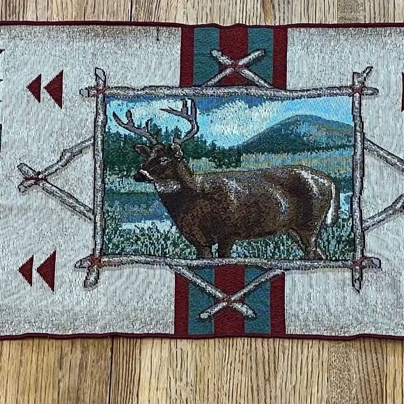 Rustic Retreat  Wildlife Tapestry Table Runner Deer Bear Salmon Geometric USA - Picture 1 of 12